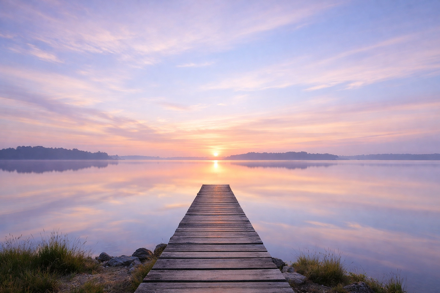A peaceful lake at dawn with a wooden path, reflecting the spiritual rest in Christian songs about Jesus.