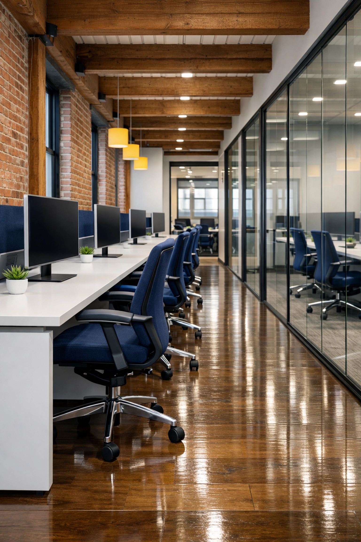 Spotless workspace featuring office cleaning Worcester standards in a professional brick-and-beam building.