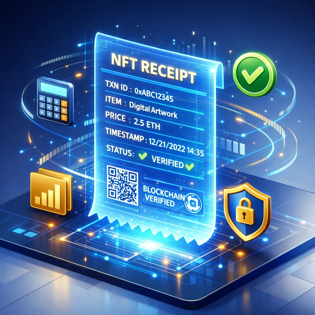NFT receipt with blockchain verification for crypto payment accounting and transaction records