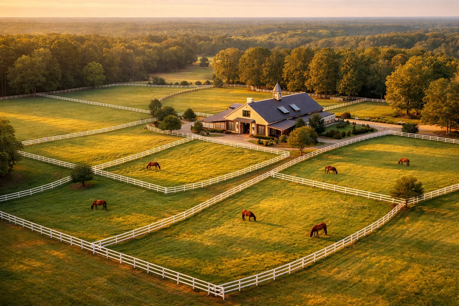 Aerial view of horse farm for sale in Waxhaw NC with fenced pastures and barn