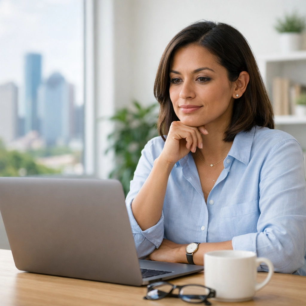 Houston real estate investor reviewing financial numbers and investment property data on a laptop.