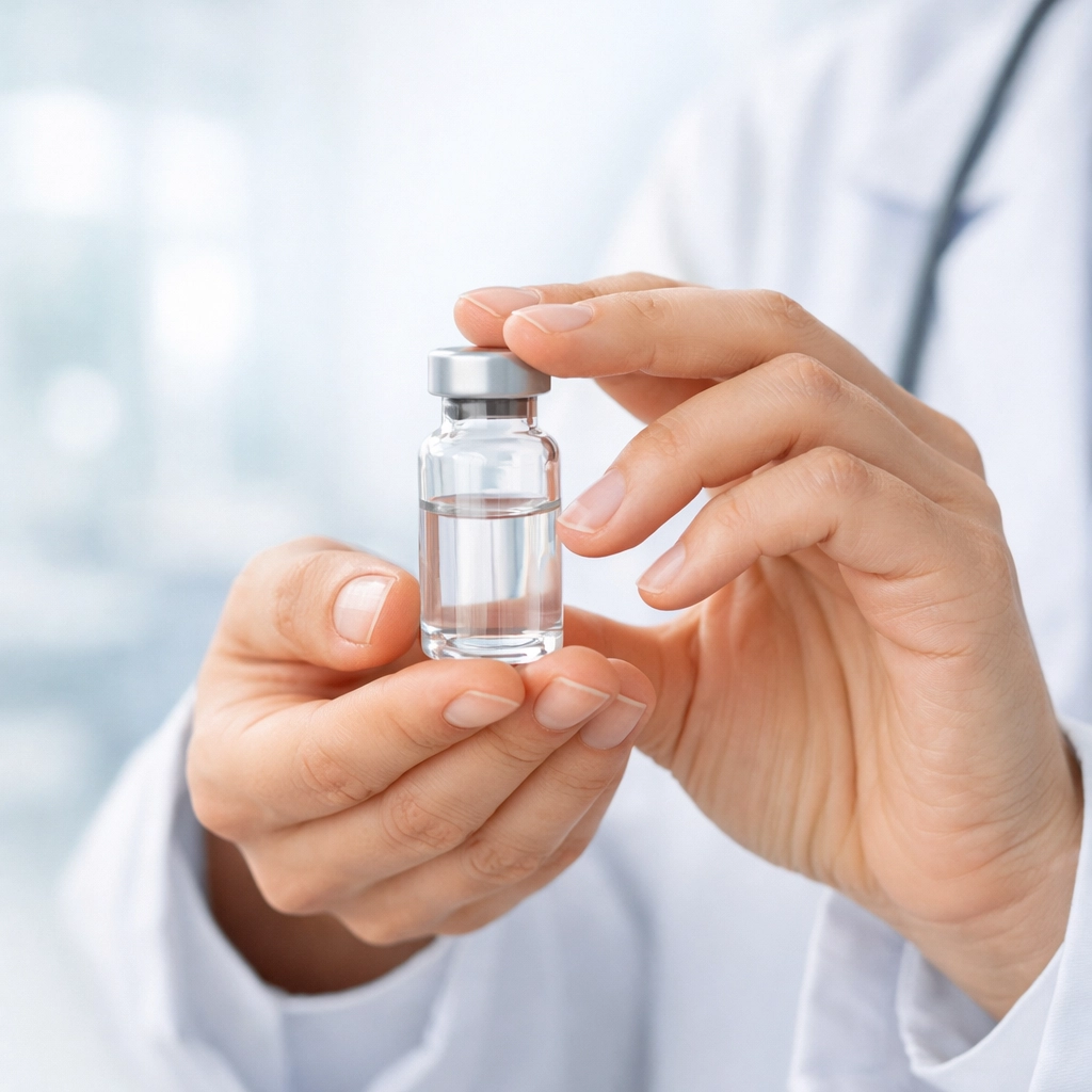 Medical professional holding a vial of compounded tirzepatide for medically supervised weight loss.