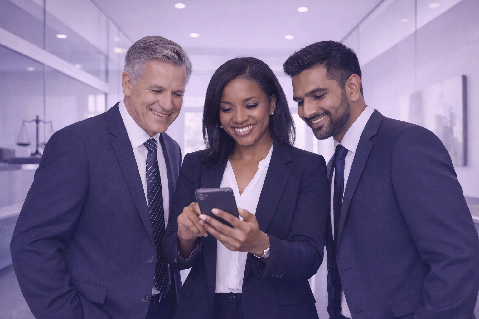 Professional solicitors collaborating via mobile technology in a modern legal office lobby.