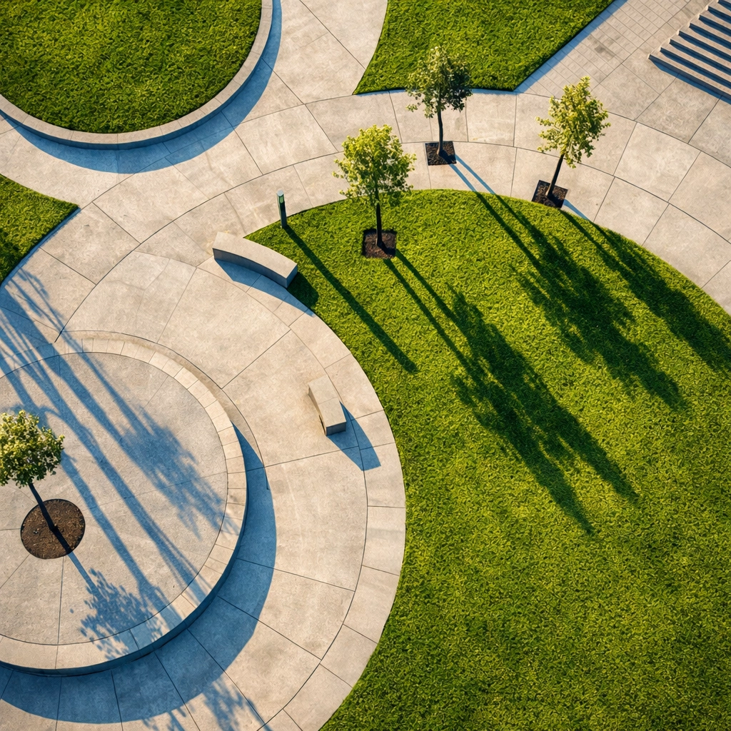 Aerial drone view of a modern urban park with geometric paths, perfect for discovering hidden photo spots.