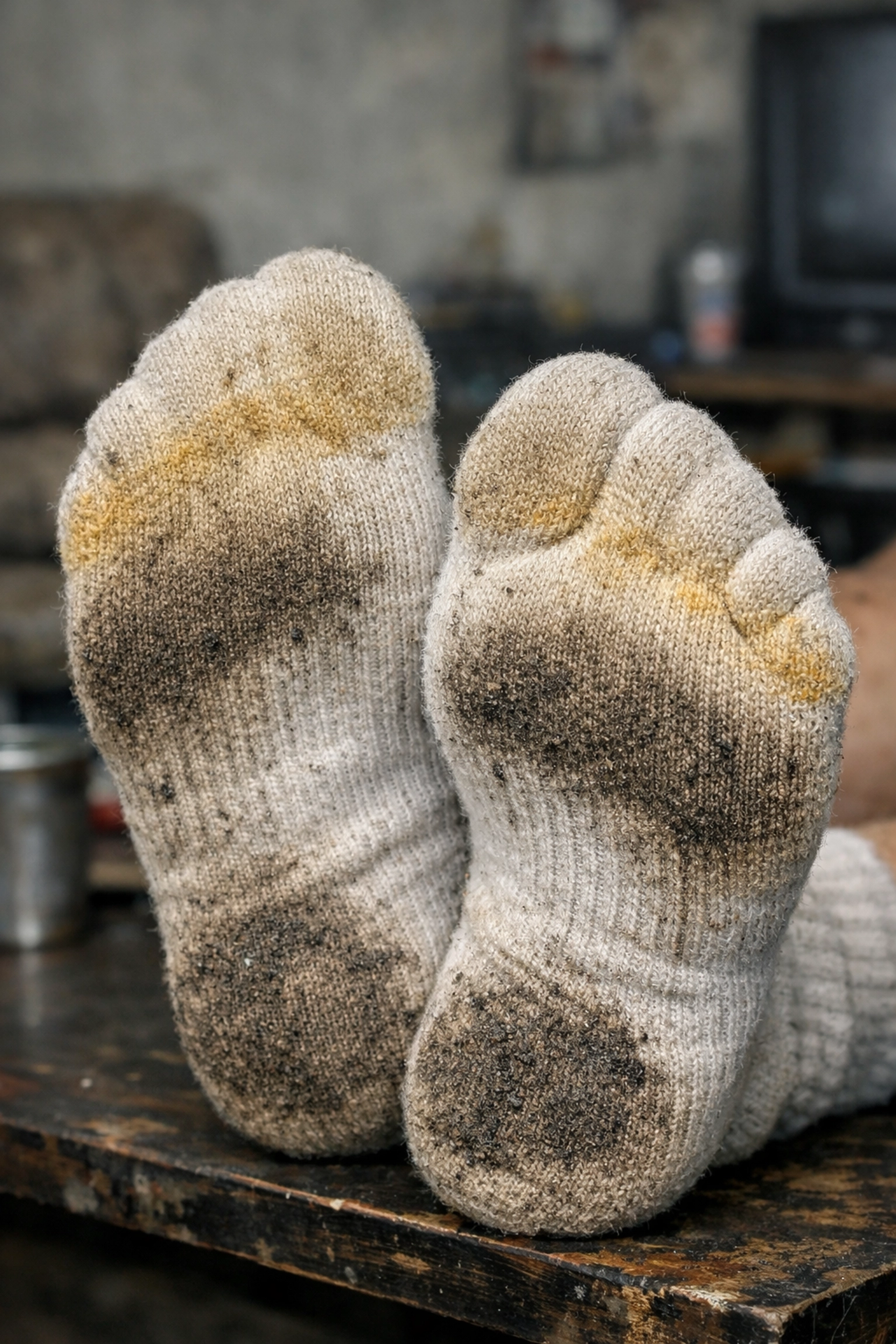 Macro view of stained white sports socks highlighting a realistic dirty socks fetish.