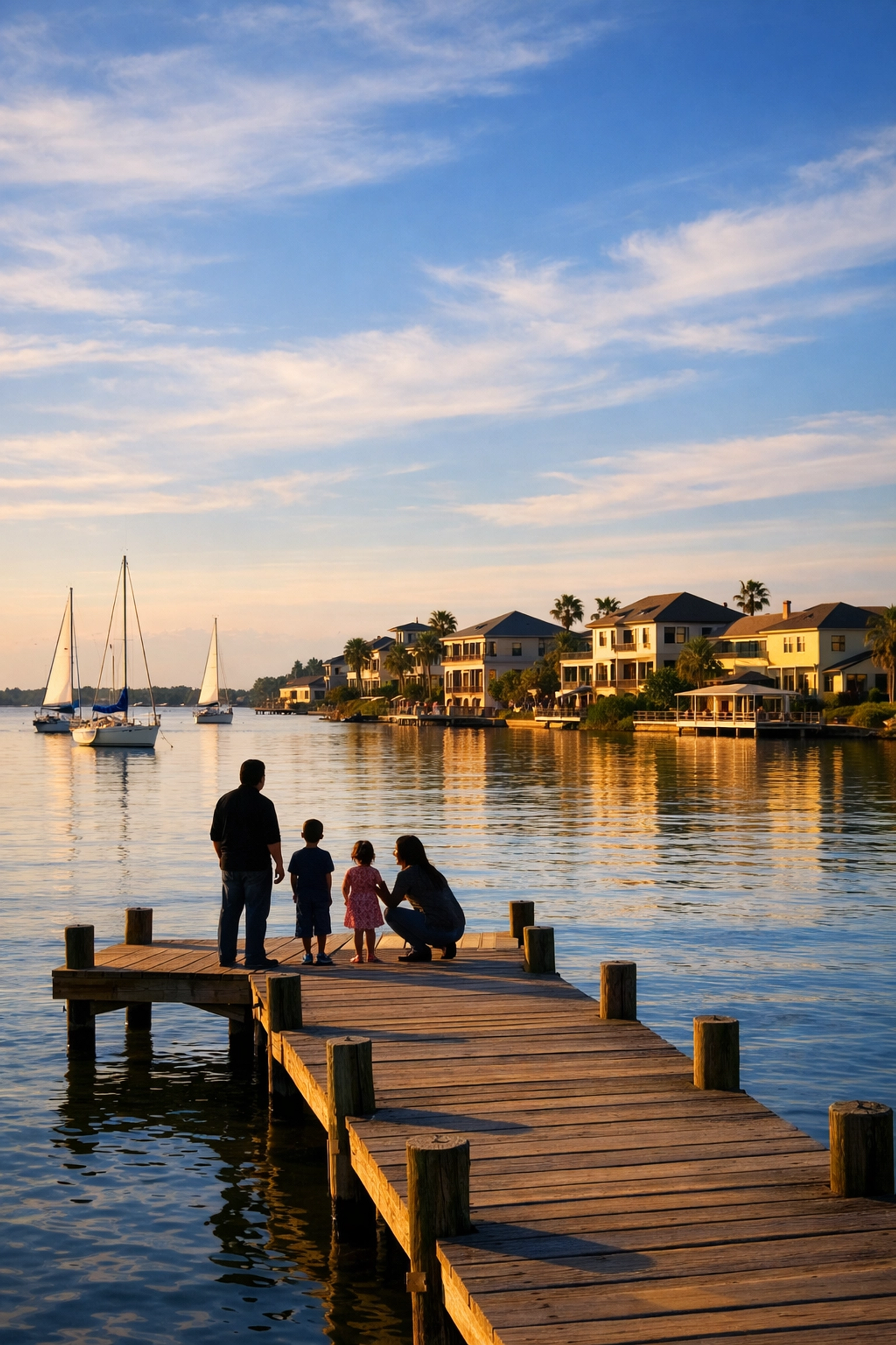 League City waterfront homes on Clear Lake with pier and sailboats in Houston Texas
