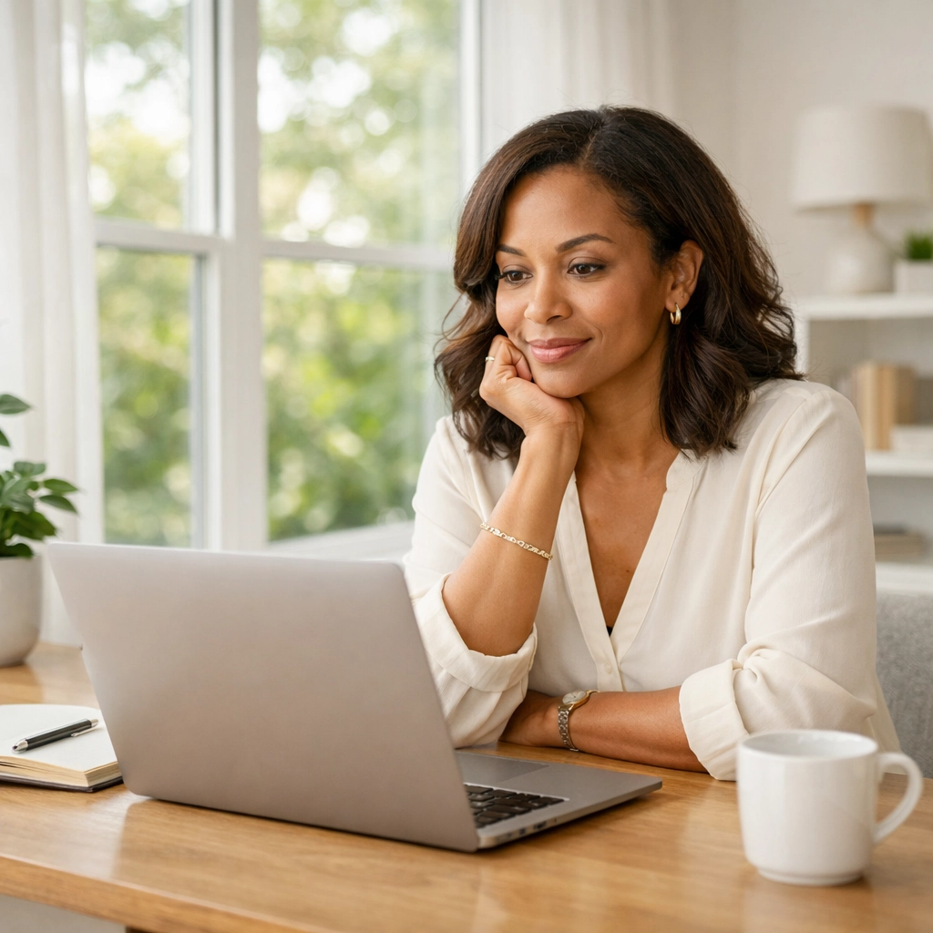Professional woman reflecting at desk demonstrating entrepreneurial mindset and strategic thinking
