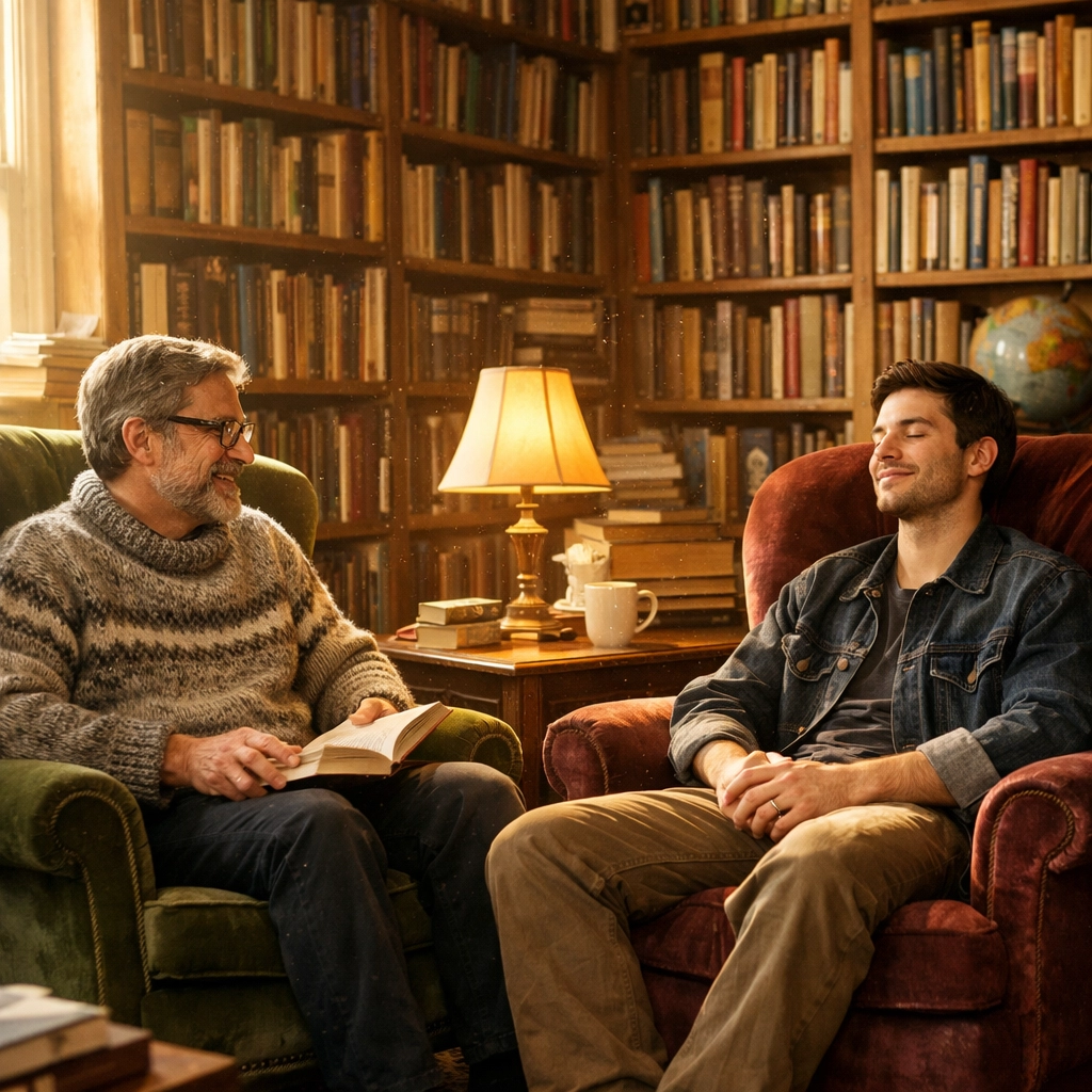 Two men sitting in velvet armchairs inside a sunlit bookstore, finding peace together in a gay love story.