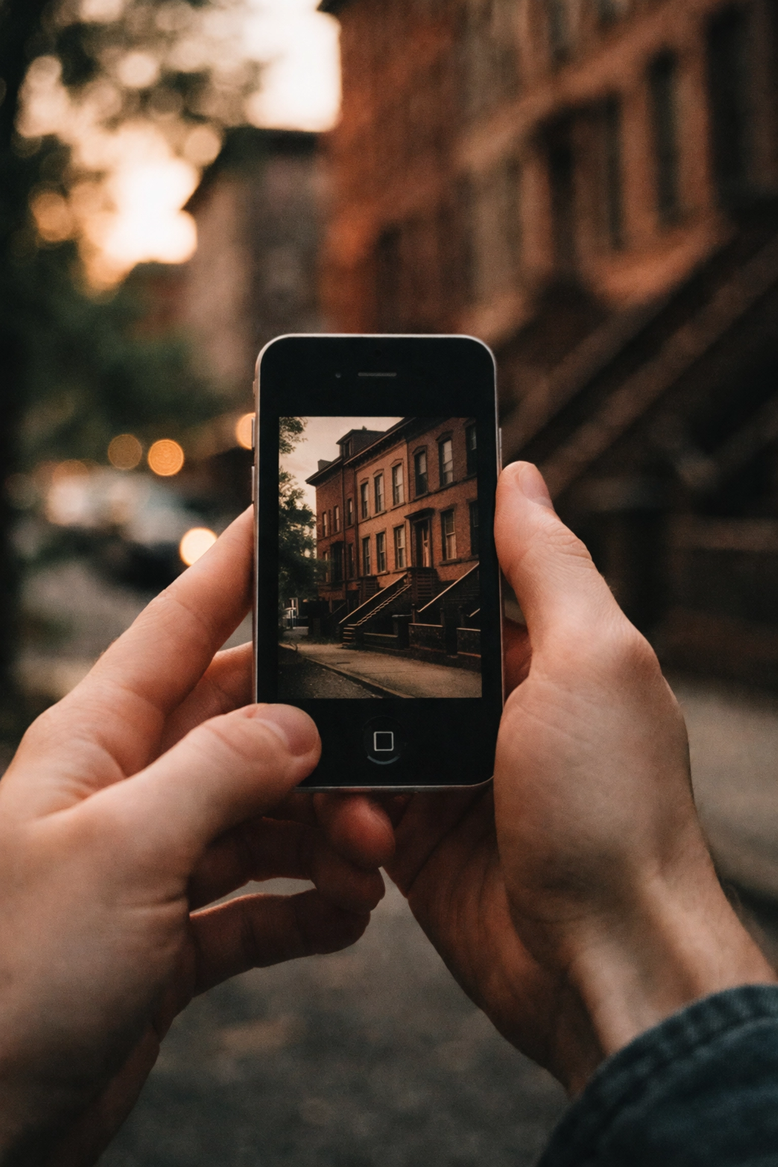 Close-up of hands holding an iPhone 4 with a vintage photo on screen in a Brooklyn street at golden hour