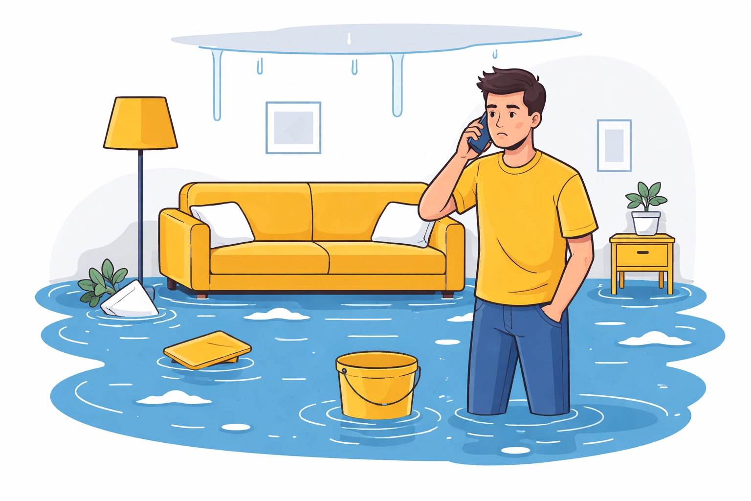 Homeowner calling insurance company in flooded living room for water damage claim help