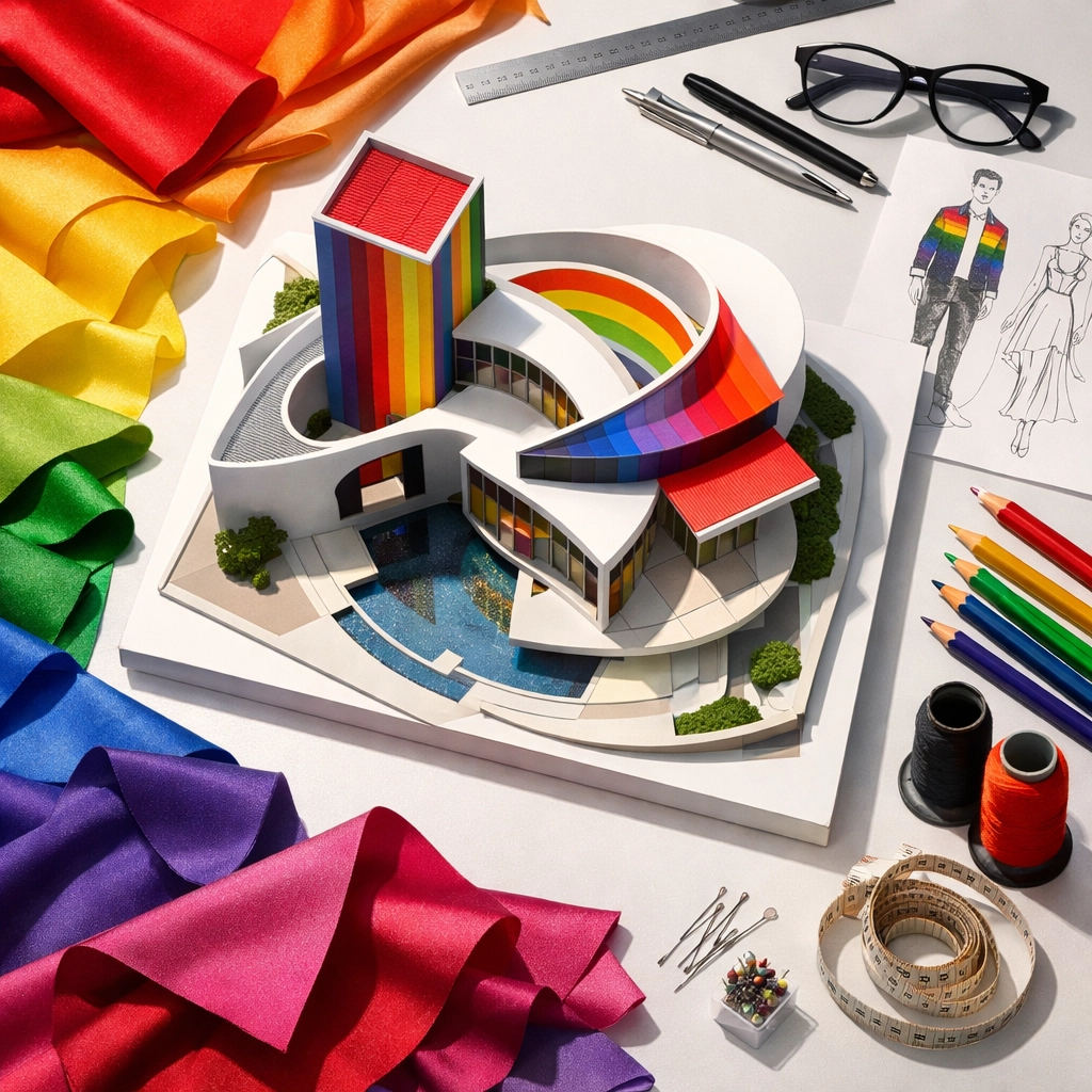 Gay designers' workspace featuring architecture models and fashion sketches with rainbow fabrics