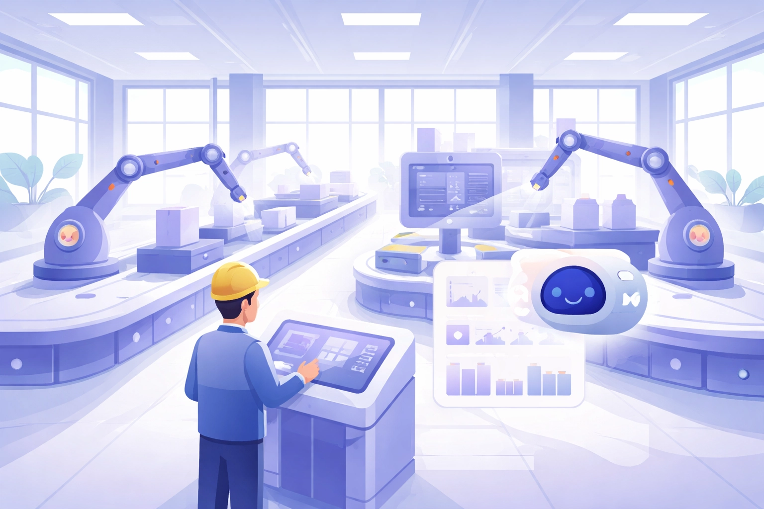 Smart factory scene with human worker and AI assistant monitoring production lines, visualizing AI in manufacturing governance
