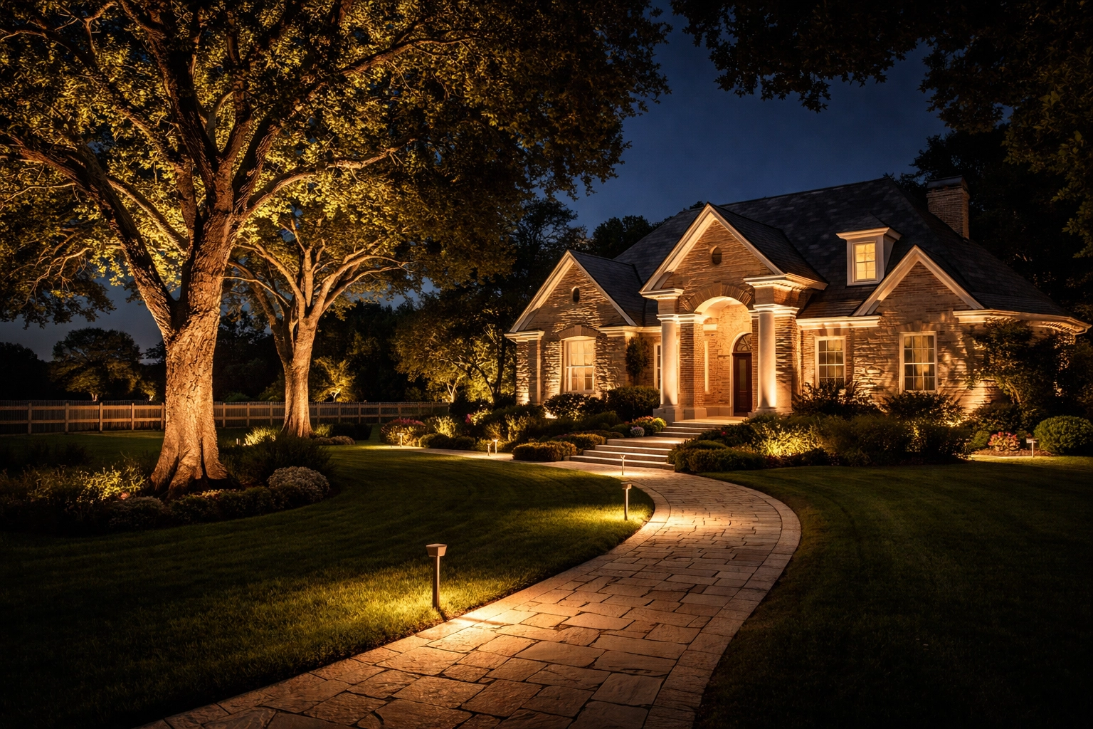 A luxury Central Kentucky home at night with professional outdoor landscape lighting, spotlighting trees and a winding path.