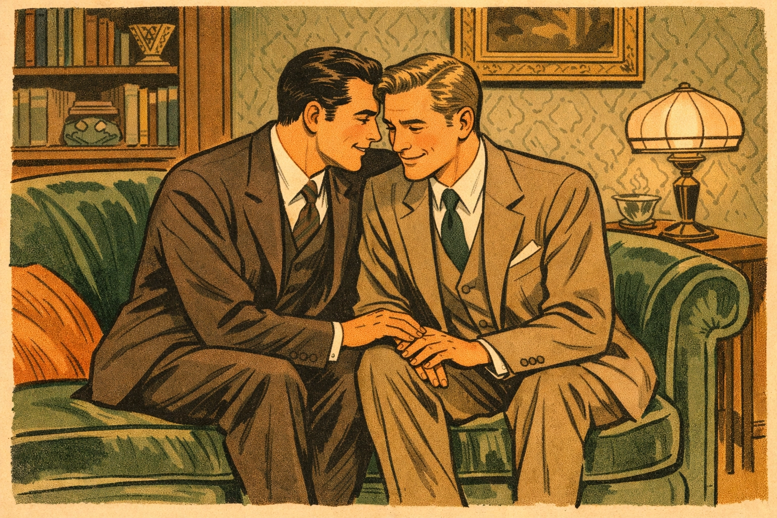 Queer men in discreet conversation at private 1950s London gathering showing coded behavior