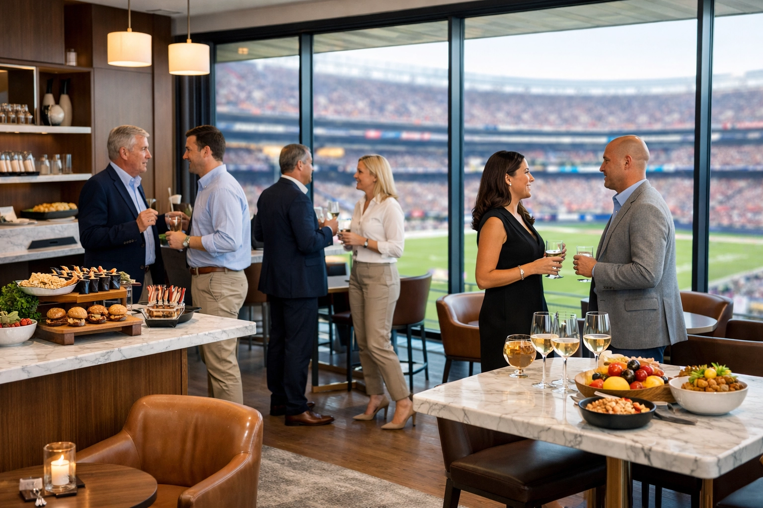 Premium corporate hospitality suite overlooking a football stadium for Super Bowl executive networking.