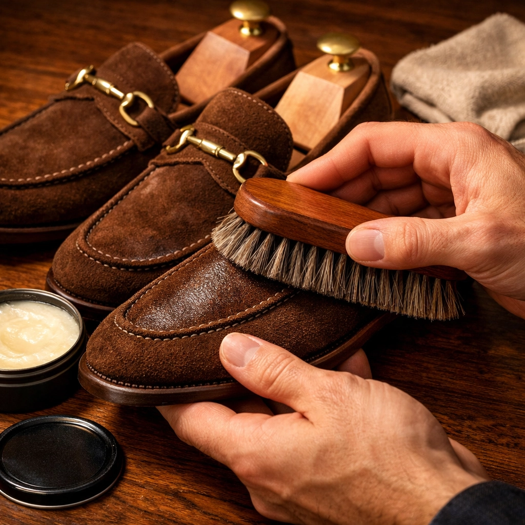 Applying leather conditioner to suede loafers with horsehair brush and shoe care essentials