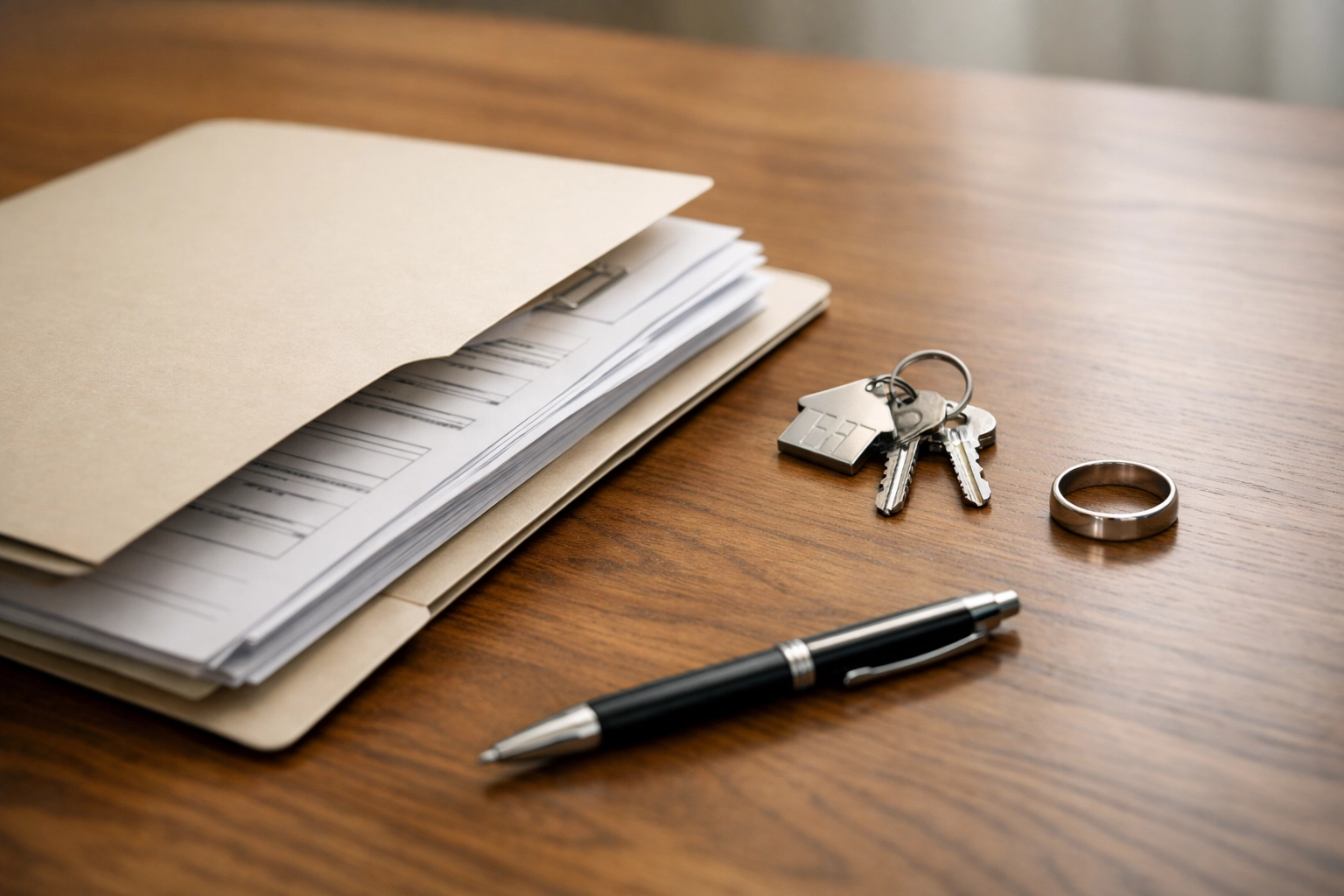 Divorce paperwork, house keys, and a wedding ring on a desk | divorce attorney Fredericksburg VA fresh start planning