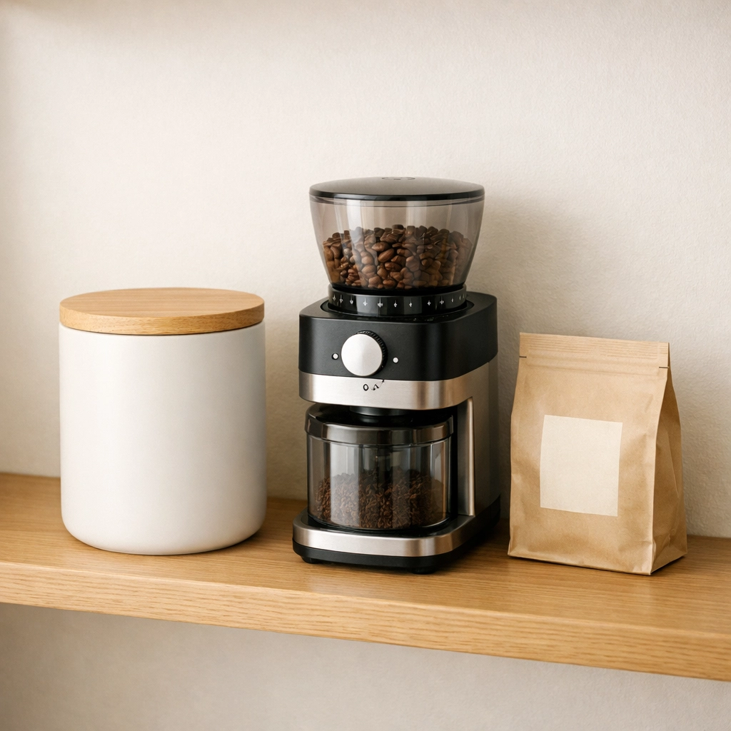 Organized home coffee station featuring a burr grinder and airtight storage canister for fresh beans.