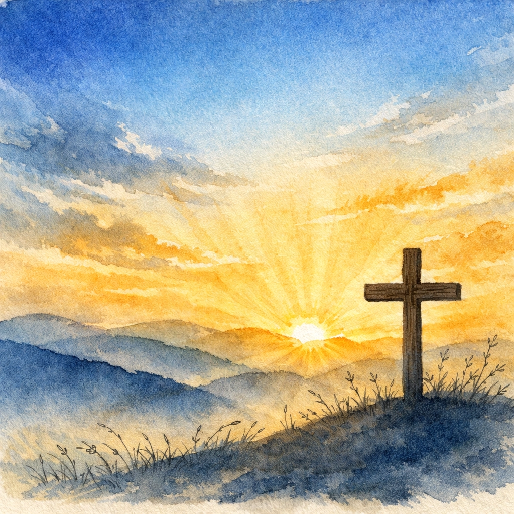 Sunrise over hills with cross symbolizing God's daily faithfulness and consistent love