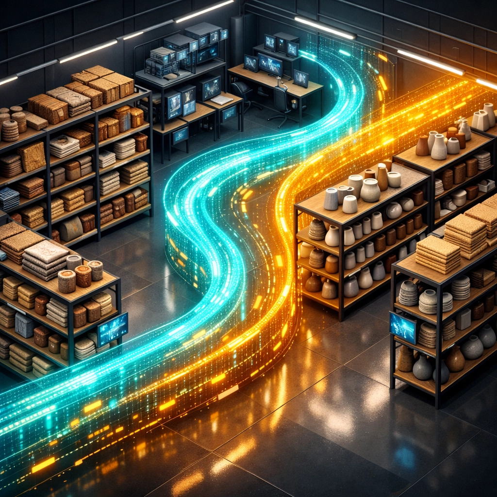 Modern warehouse with digital data streams and organized artisanal goods representing logistics infrastructure in Nigeria.