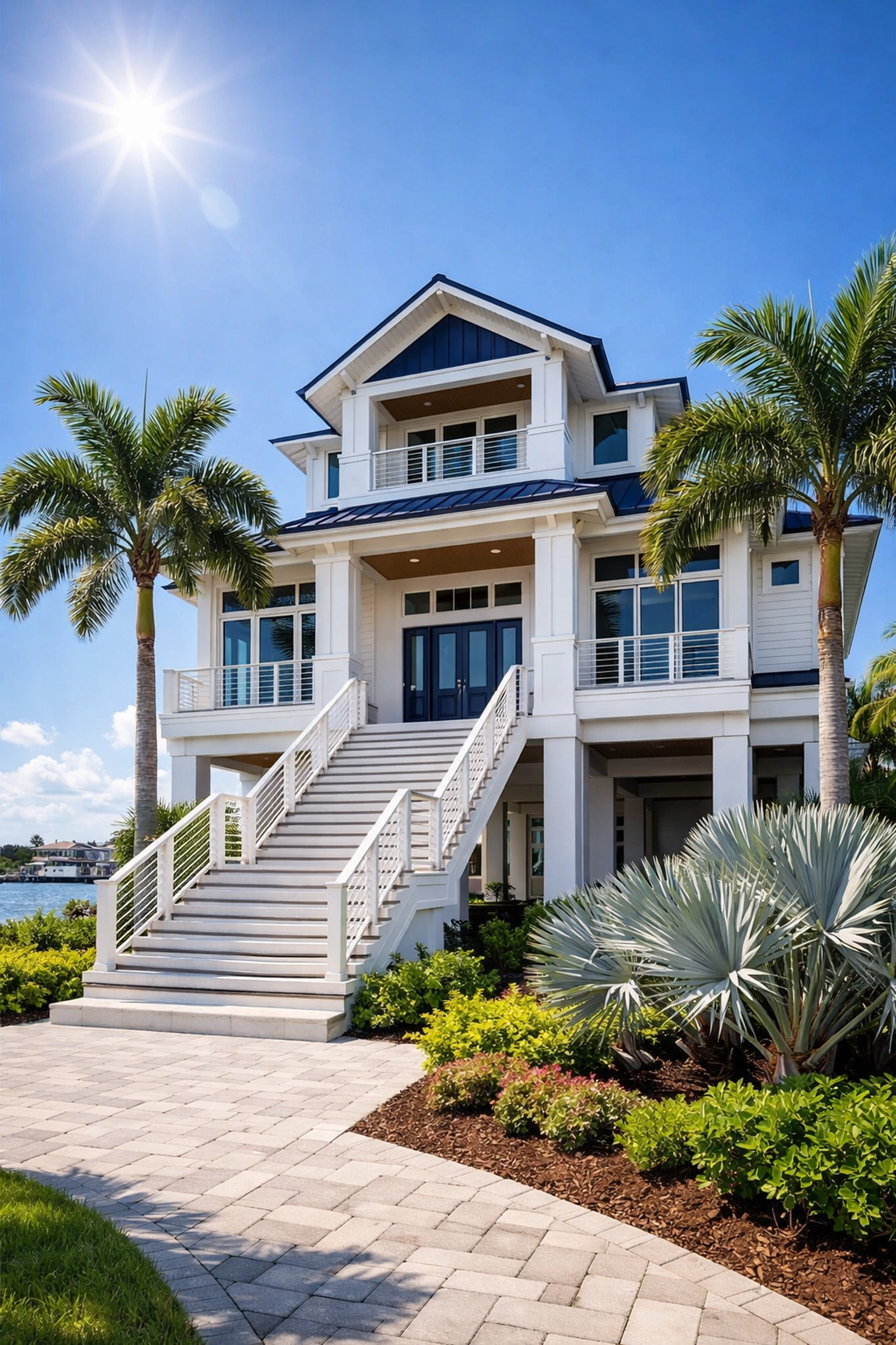 Modern elevated waterfront house in Southwest Florida built to current flood elevation standards.