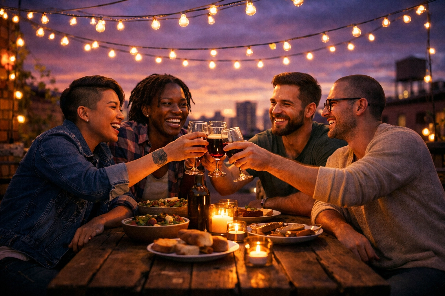 A diverse queer group sharing a rooftop meal, celebrating found family and the power of community joy.