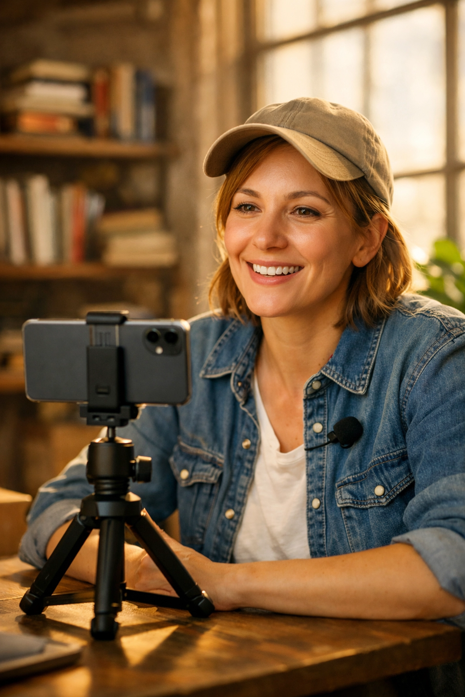 A small business owner filming a video tutorial in a sunlit office using a smartphone and lapel microphone.