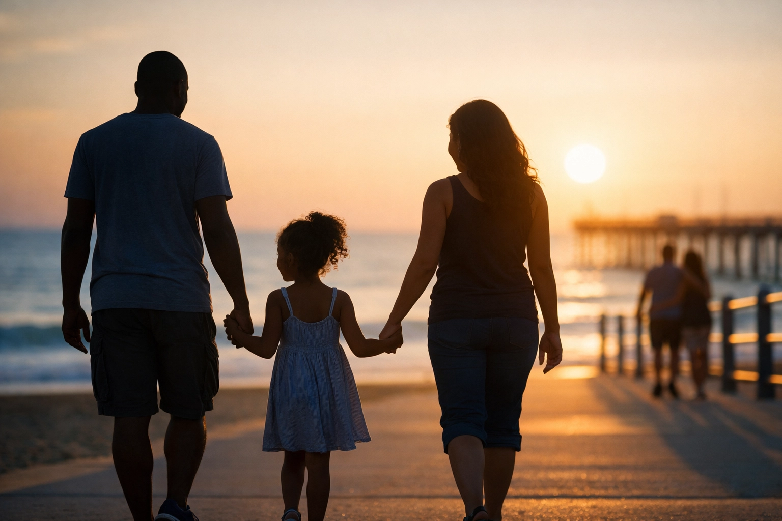 Family walking together on Virginia Beach boardwalk representing custody support