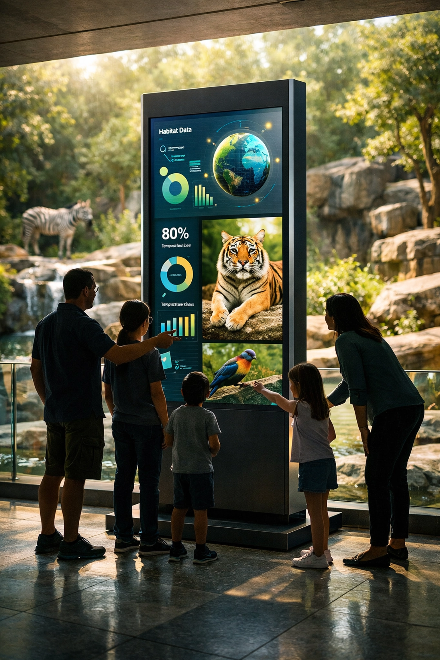 Interactive digital advertising display at a zoo exhibit engaging families and boosting brand sponsorship visibility.
