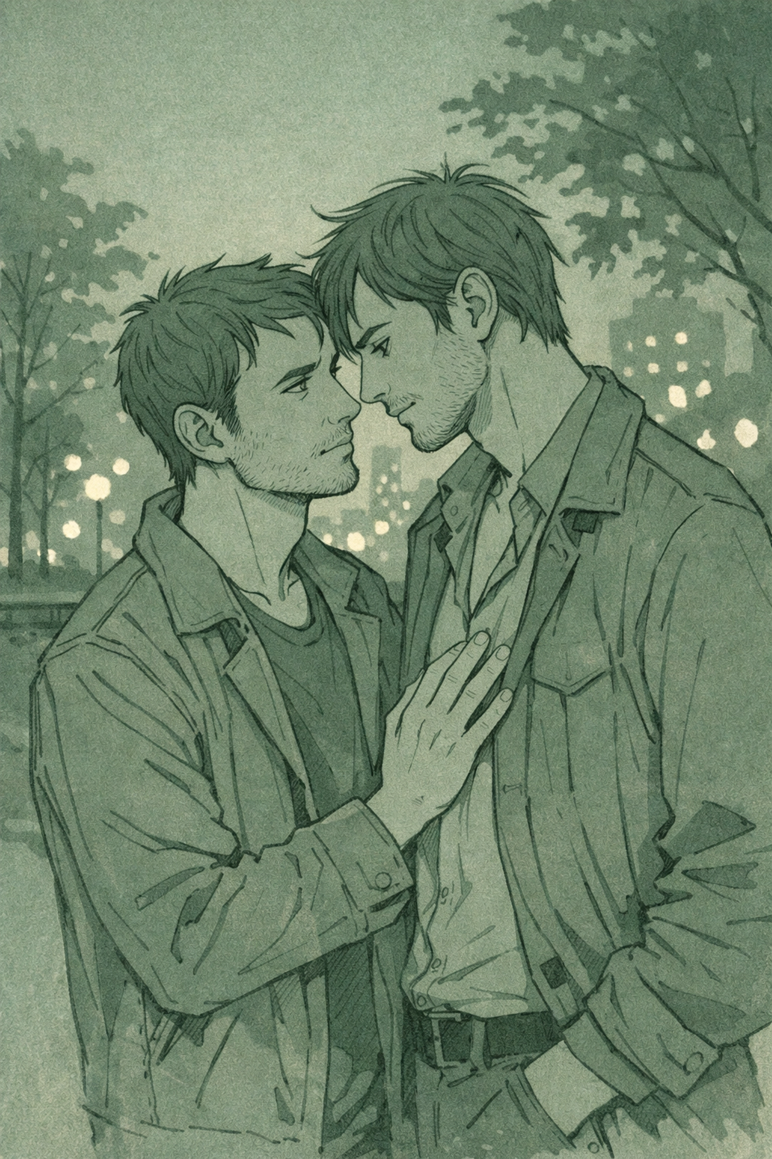 Two men sharing emotional moment in urban park representing public space gay romance tension