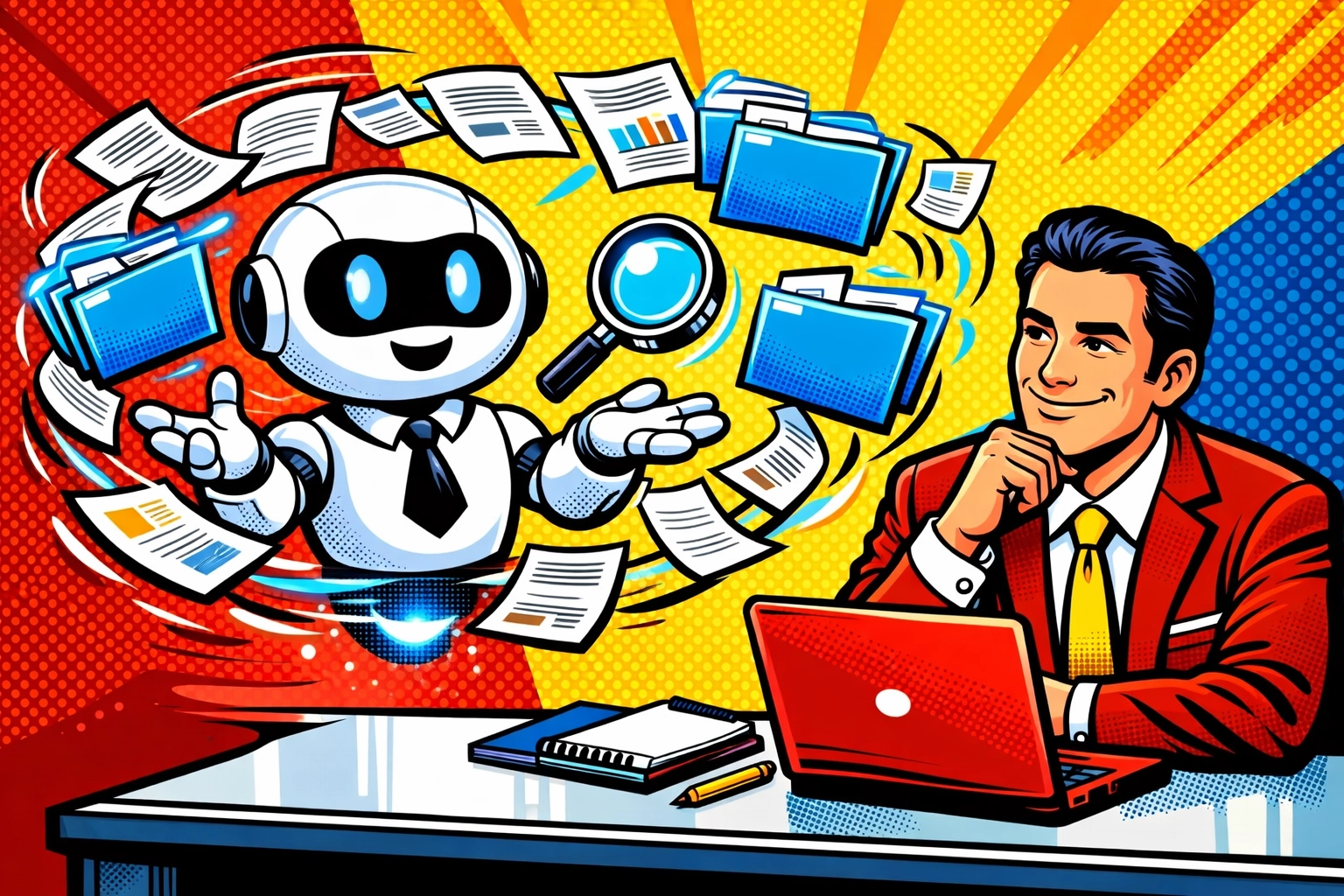 A professional robot ai assistant for small business organizing digital files and tracking data.