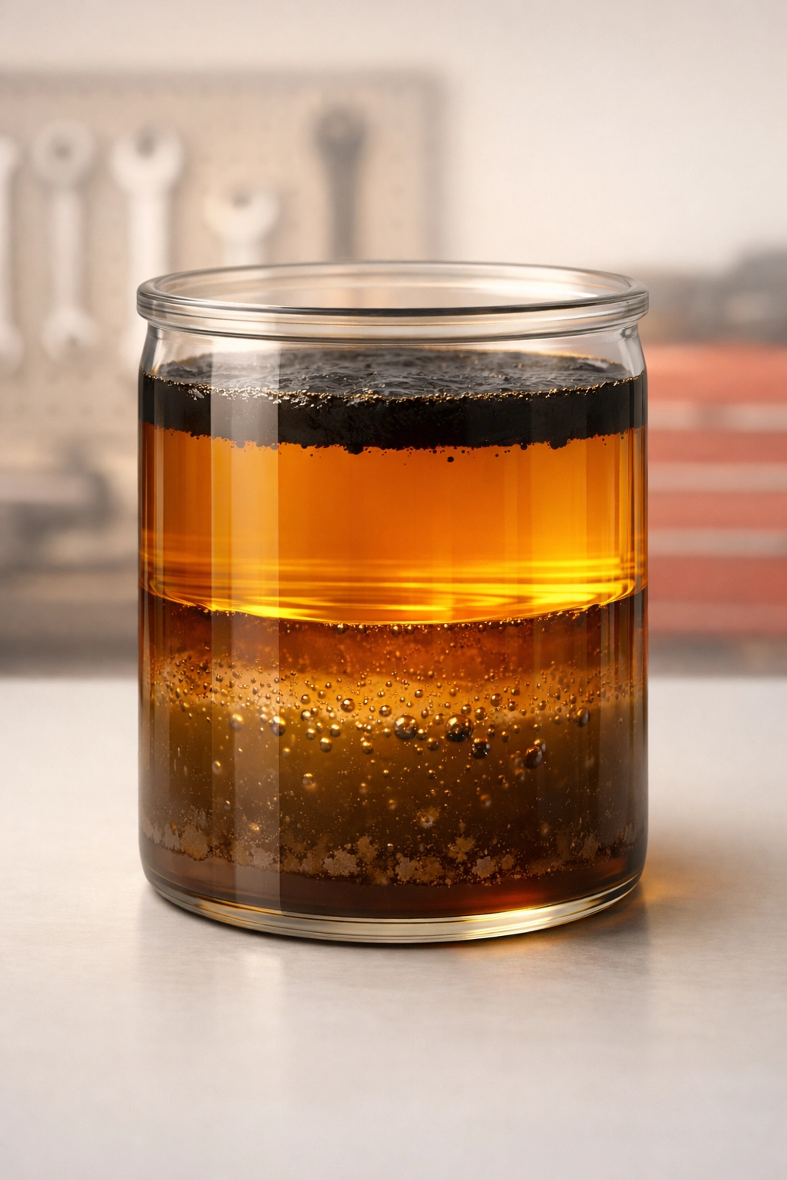 Contaminated ATV motor oil showing water, sludge and degradation from sitting unused