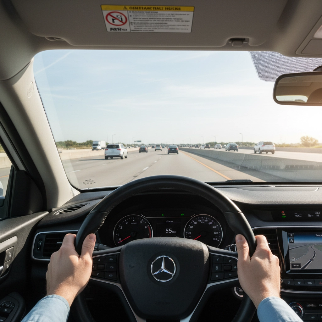 View from inside a car with hands on the steering wheel driving on a highway. Dashboard shows 55 mph. It's a clear, sunny day. Driving lessons Burton on Trent.
