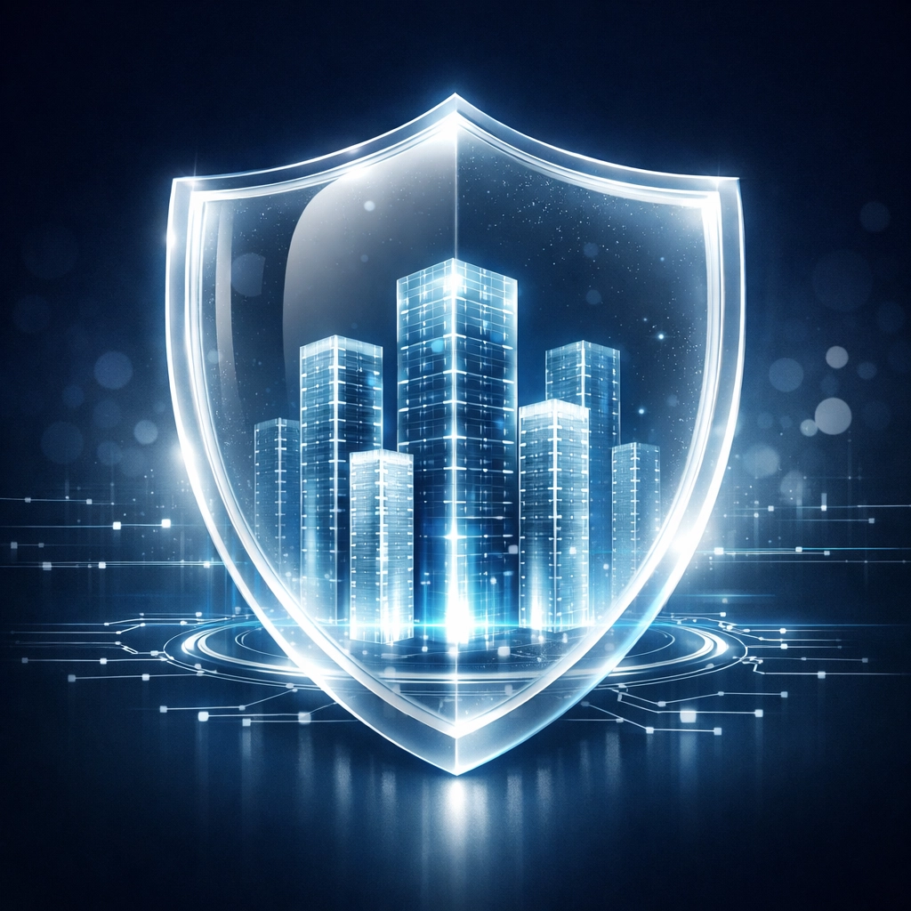 A digital shield protecting data pillars, illustrating secure HIPAA-compliant architecture for behavioral health.