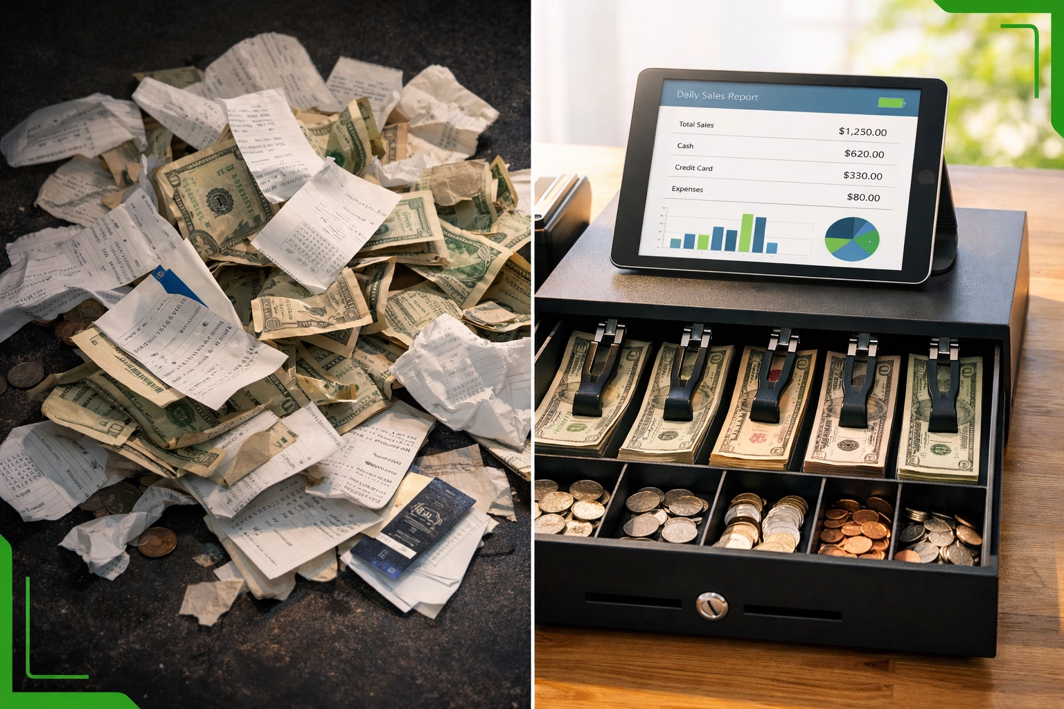Comparison of disorganized cash receipts versus clean bookkeeping system with digital tracking Comparison of disorganized cash receipts versus clean bookkeeping system with digital tracking