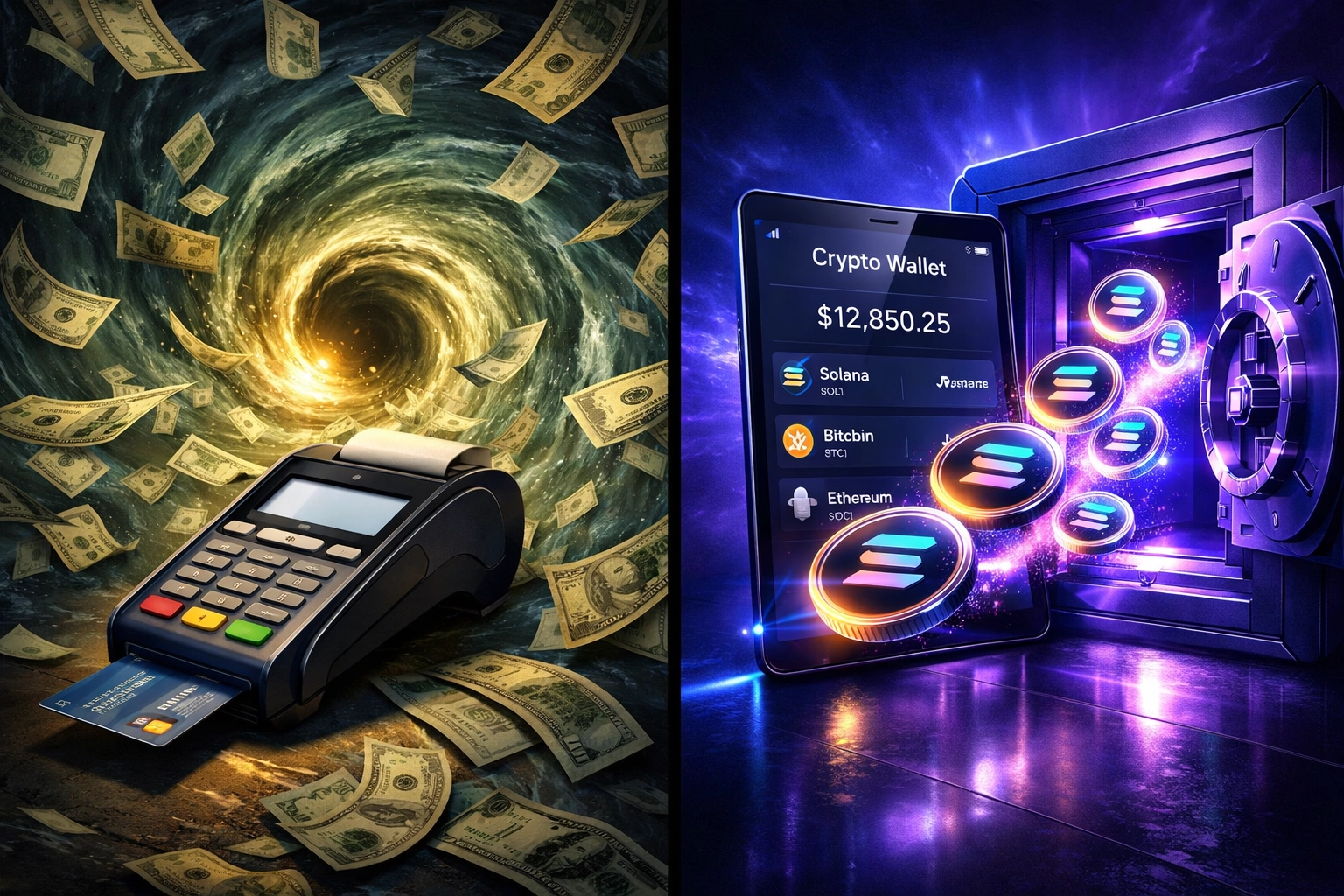 Self-custody crypto wallet vs traditional card terminal comparison showing fee savings