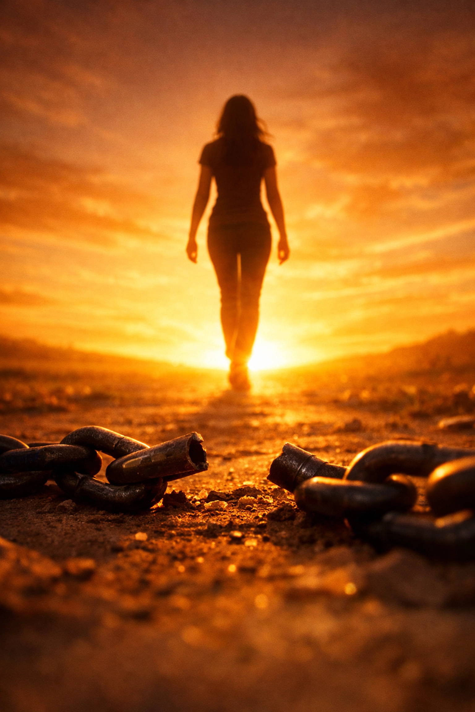 Woman walking toward a sunrise past broken chains, representing deliverance and healing from bondage.