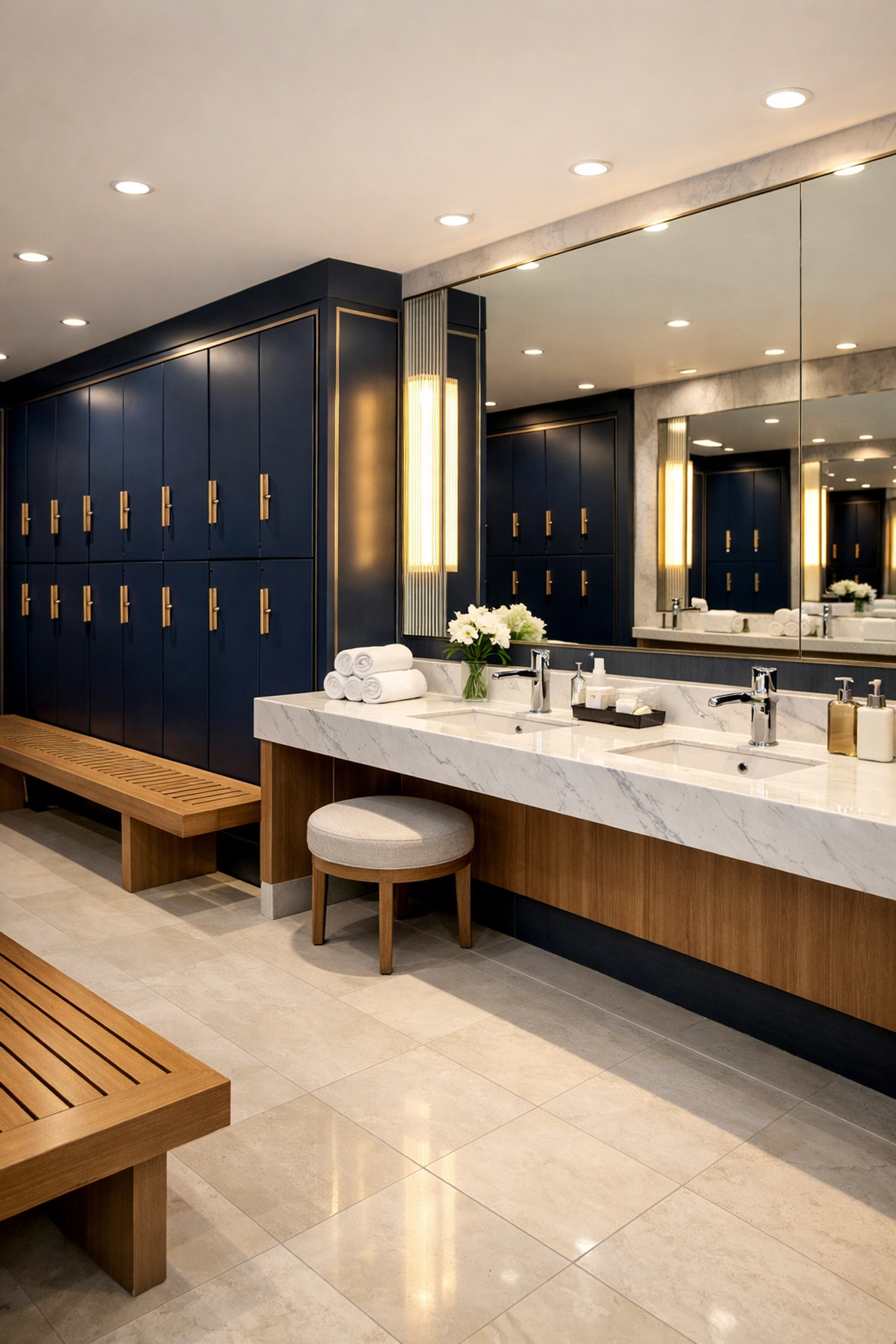 Spotless gym locker room in Leominster MA showing clean floors and organized storage for fitness members.