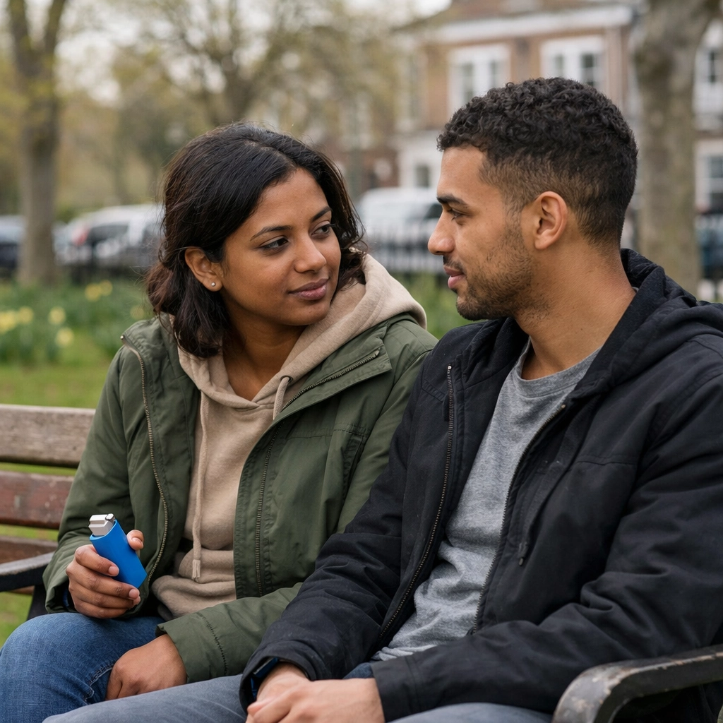 Couple in park discussing life with cystic fibrosis, woman holding inhaler showing daily CF reality