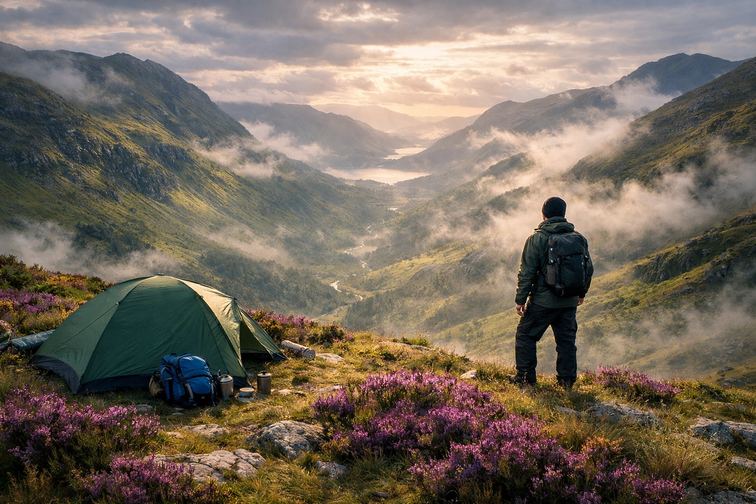 Wild camping spot on a Scottish fell, solo hiker view for wild camping guided UK