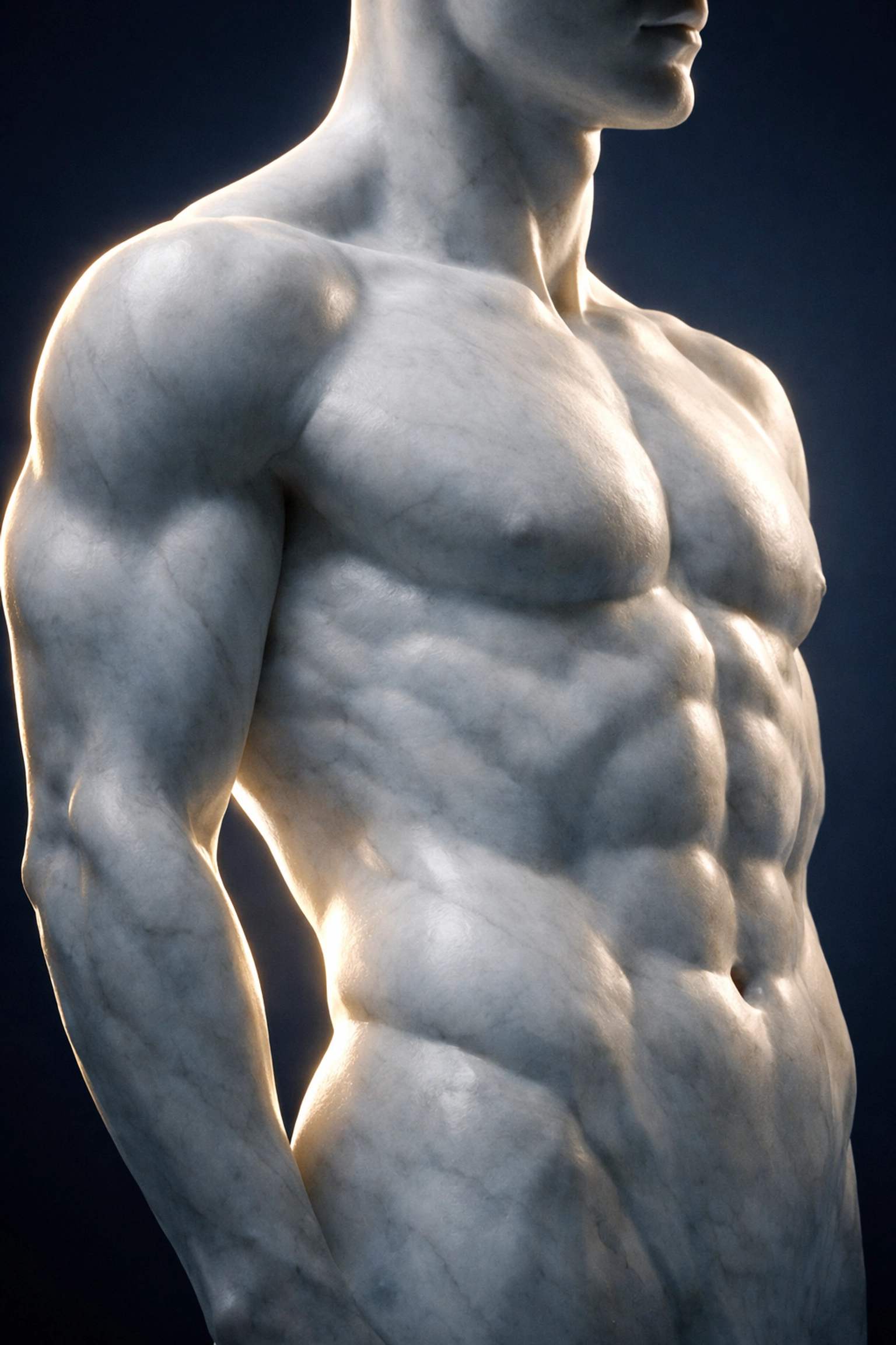 Defined male torso with rim lighting highlighting muscle planes and curvature in a contemporary queer art style.