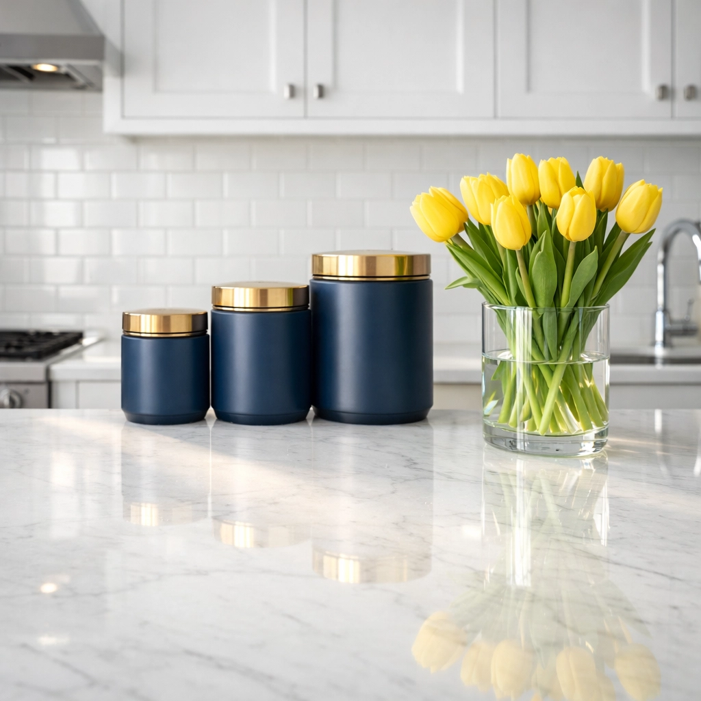 Spotless luxury apartment kitchen with marble counters, highlighting the value of professional house cleaning cost.
