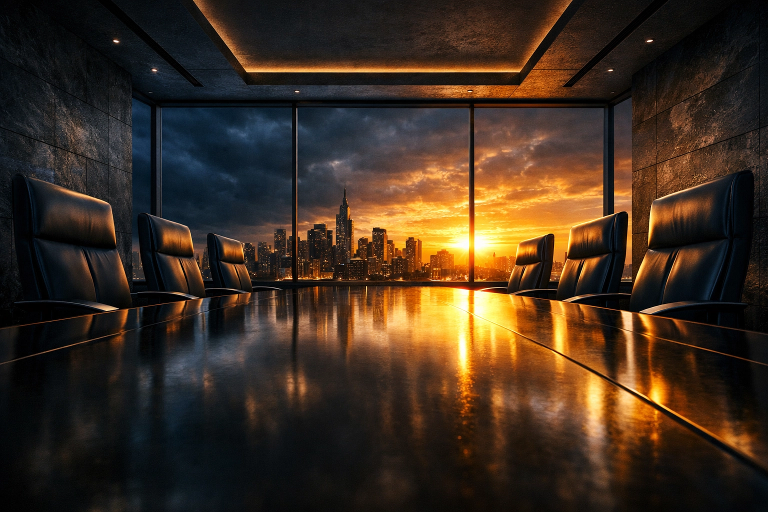 Modern executive boardroom overlooking a city sunrise, representing leadership resilience and strategic clarity.
