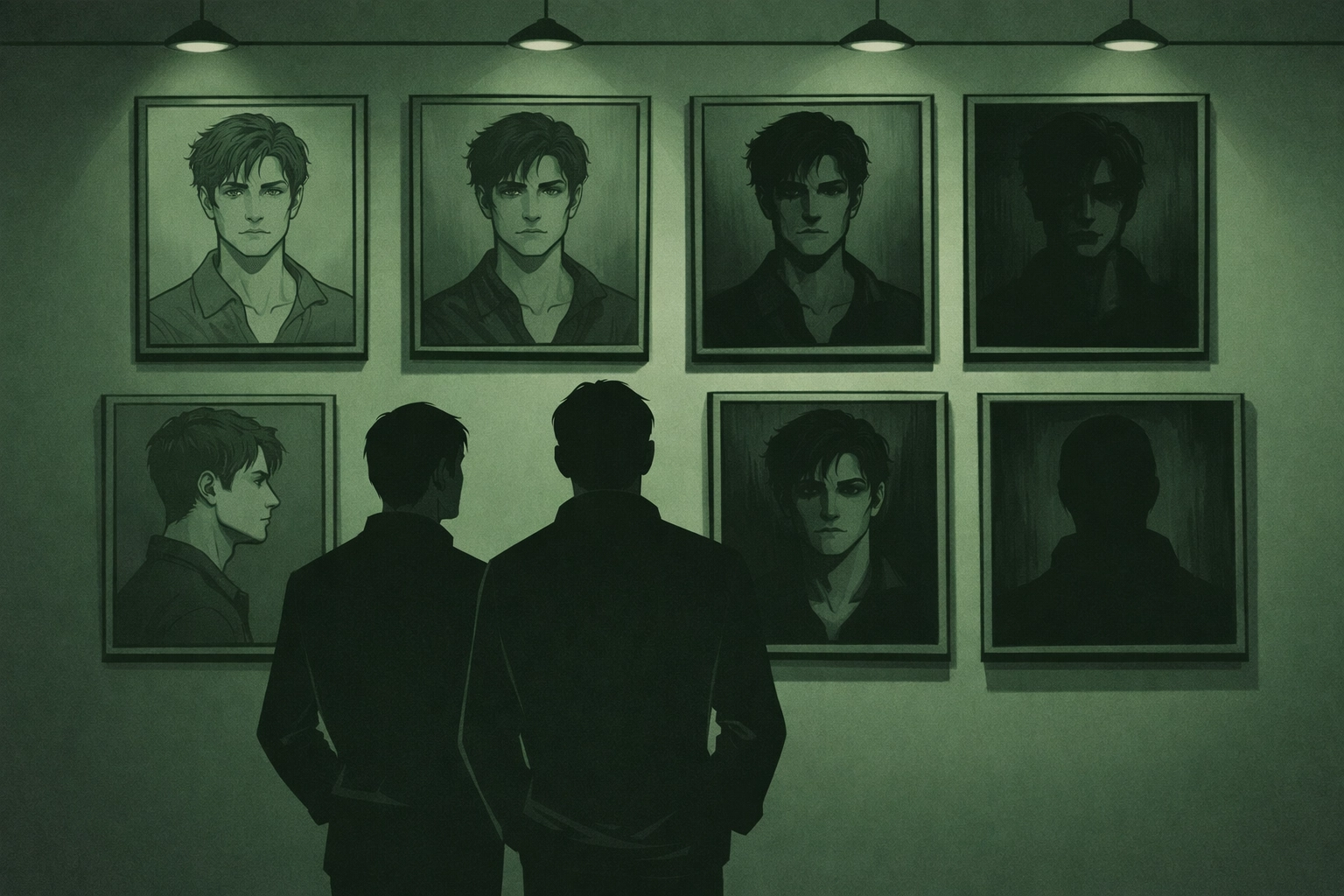 Gallery wall displaying haunting male portraits in LGBTQ+ psychological horror fiction