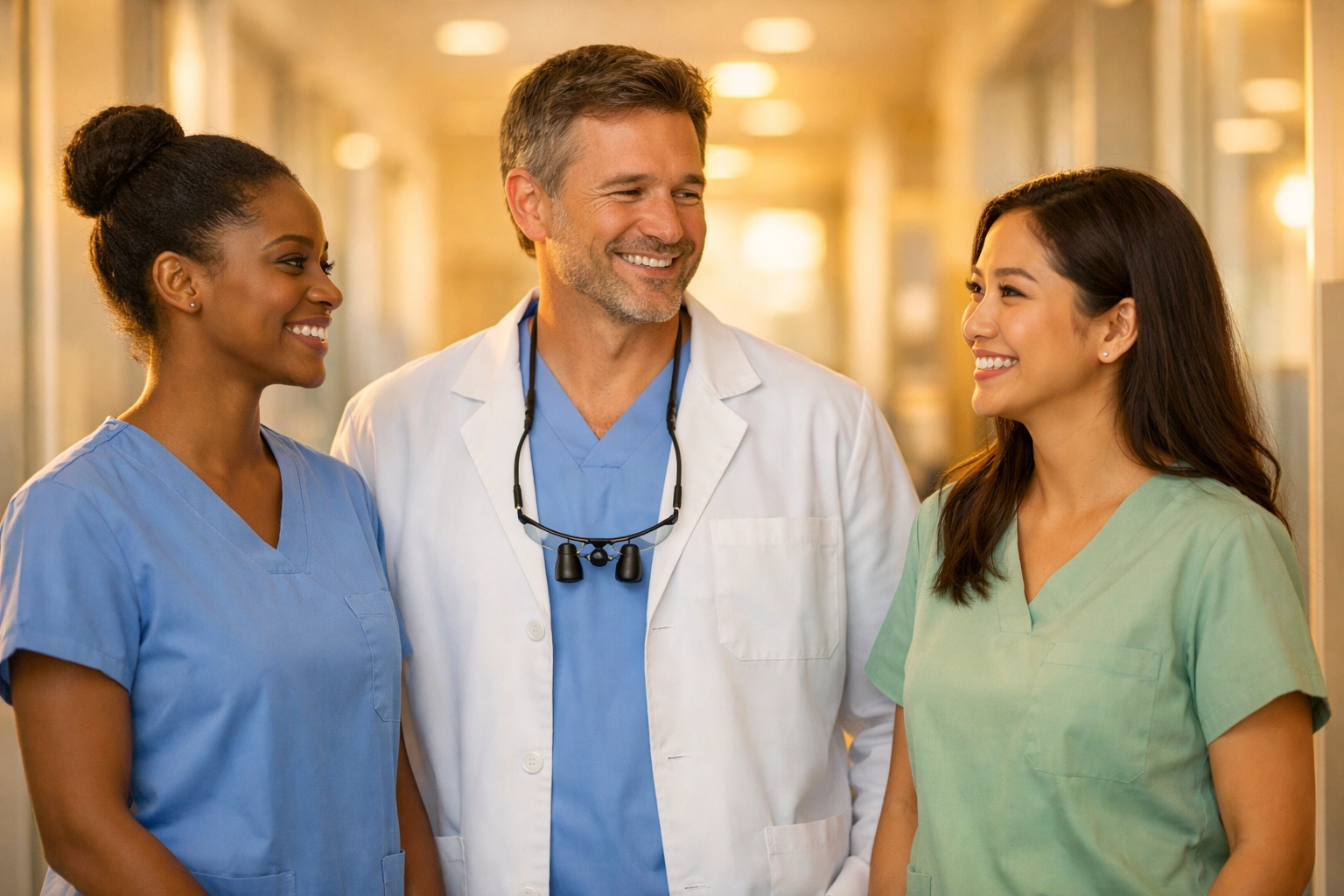 A smiling dental team in Florida working in a clinic funded by flexible business loans.