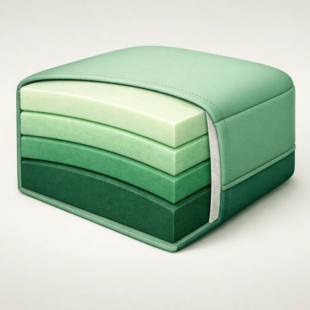 Layered drag padding construction showing multiple foam densities and fabric covering