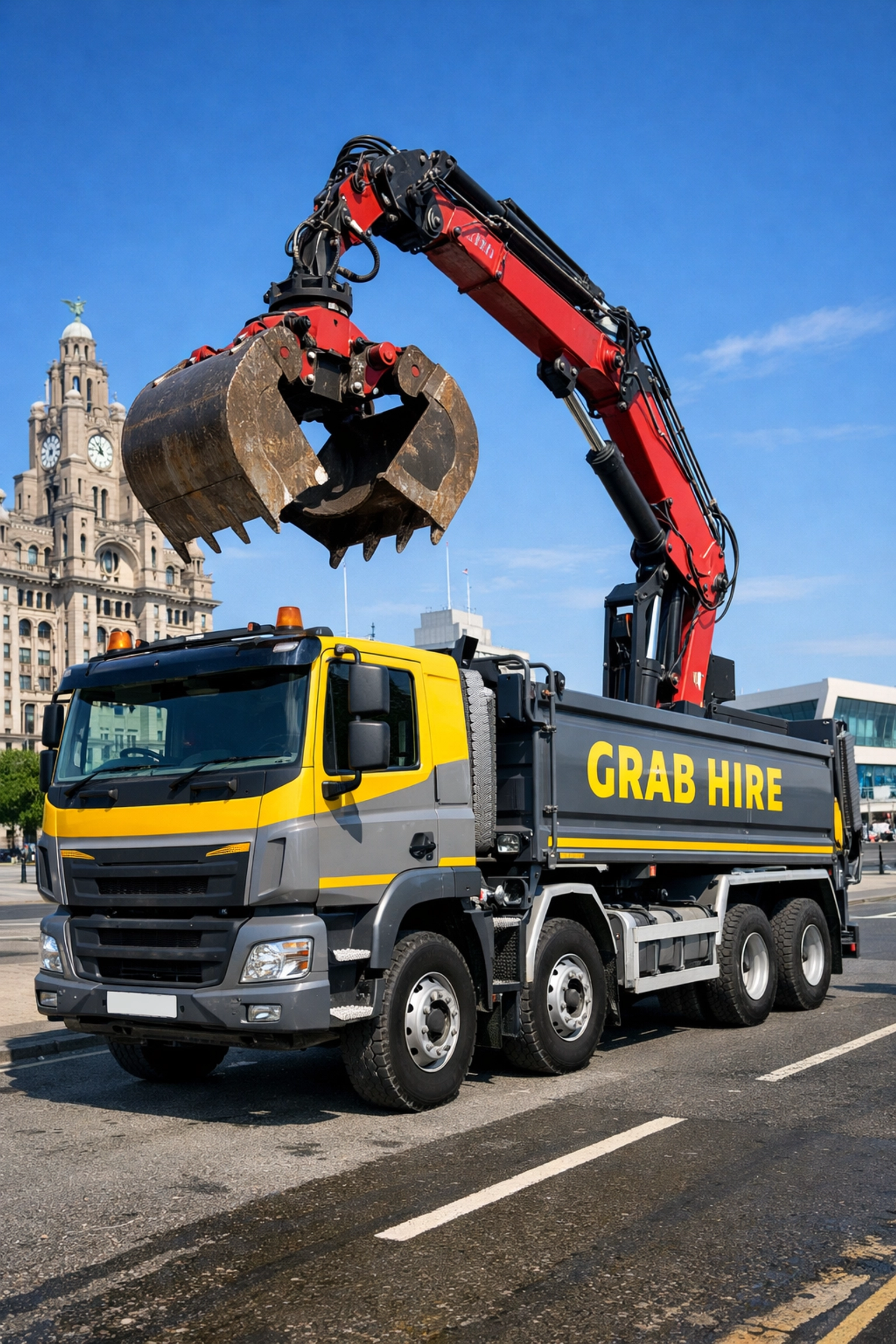 Grab wagon truck with hydraulic arm for large volume waste collection in Liverpool