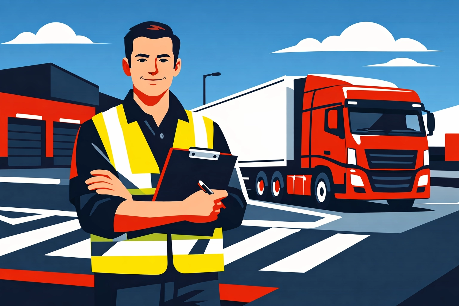 Transport manager conducting compliance audit at UK depot with HGV lorry