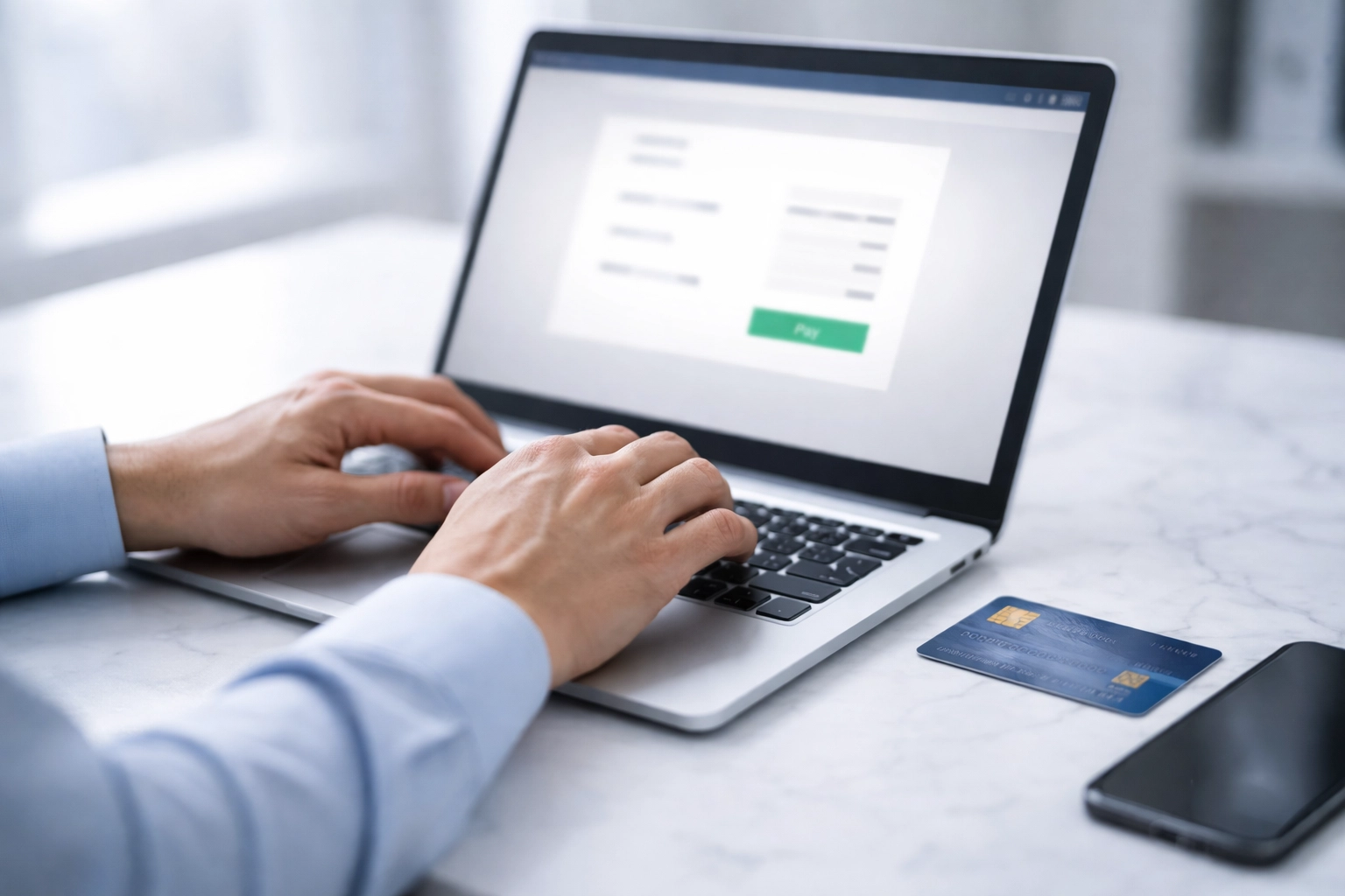 Business professional typing on a laptop with a credit card nearby, highlighting secure online debt collection payment methods.