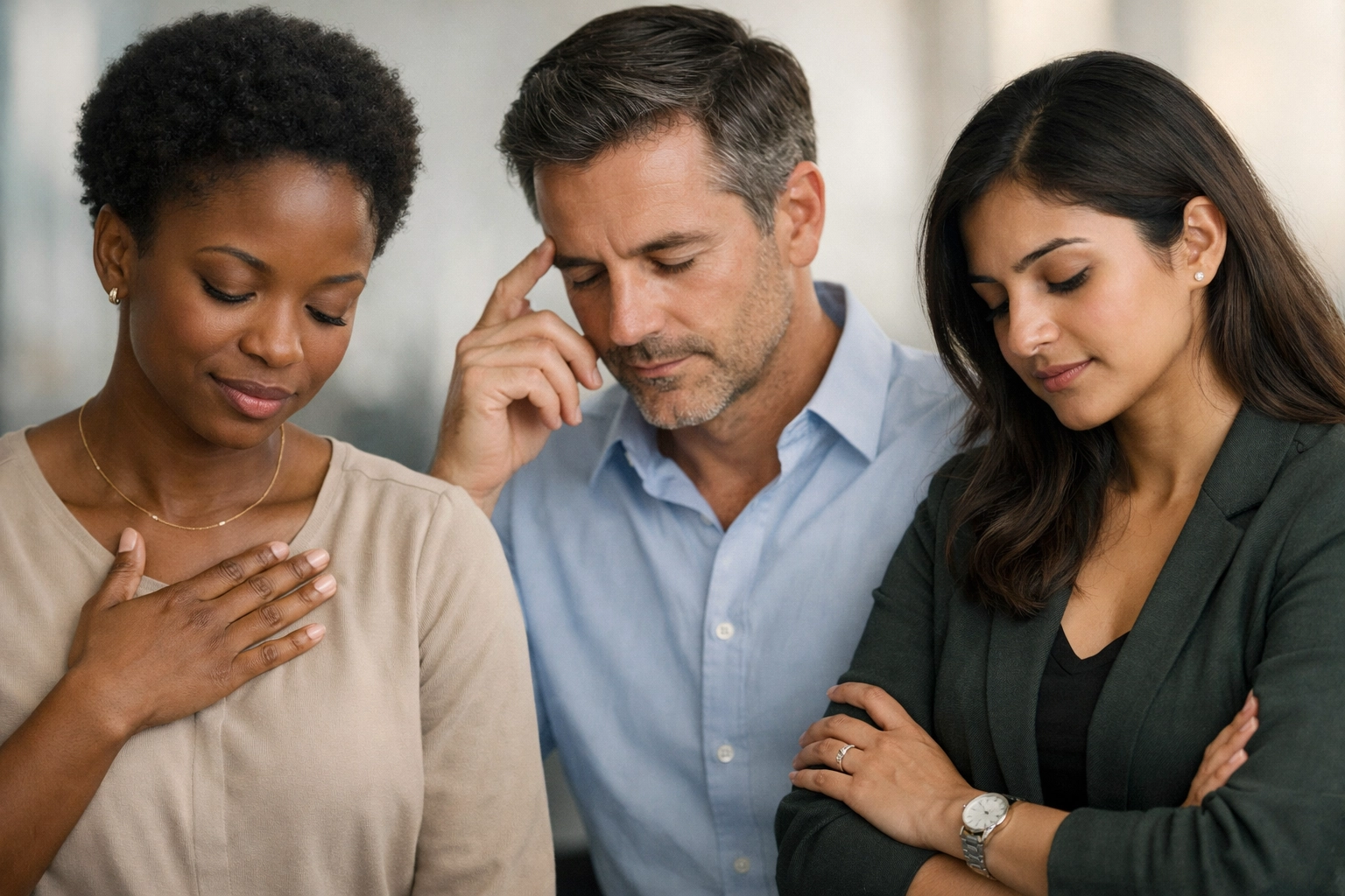 Diverse professionals practicing self-attunement and body awareness in workplace setting